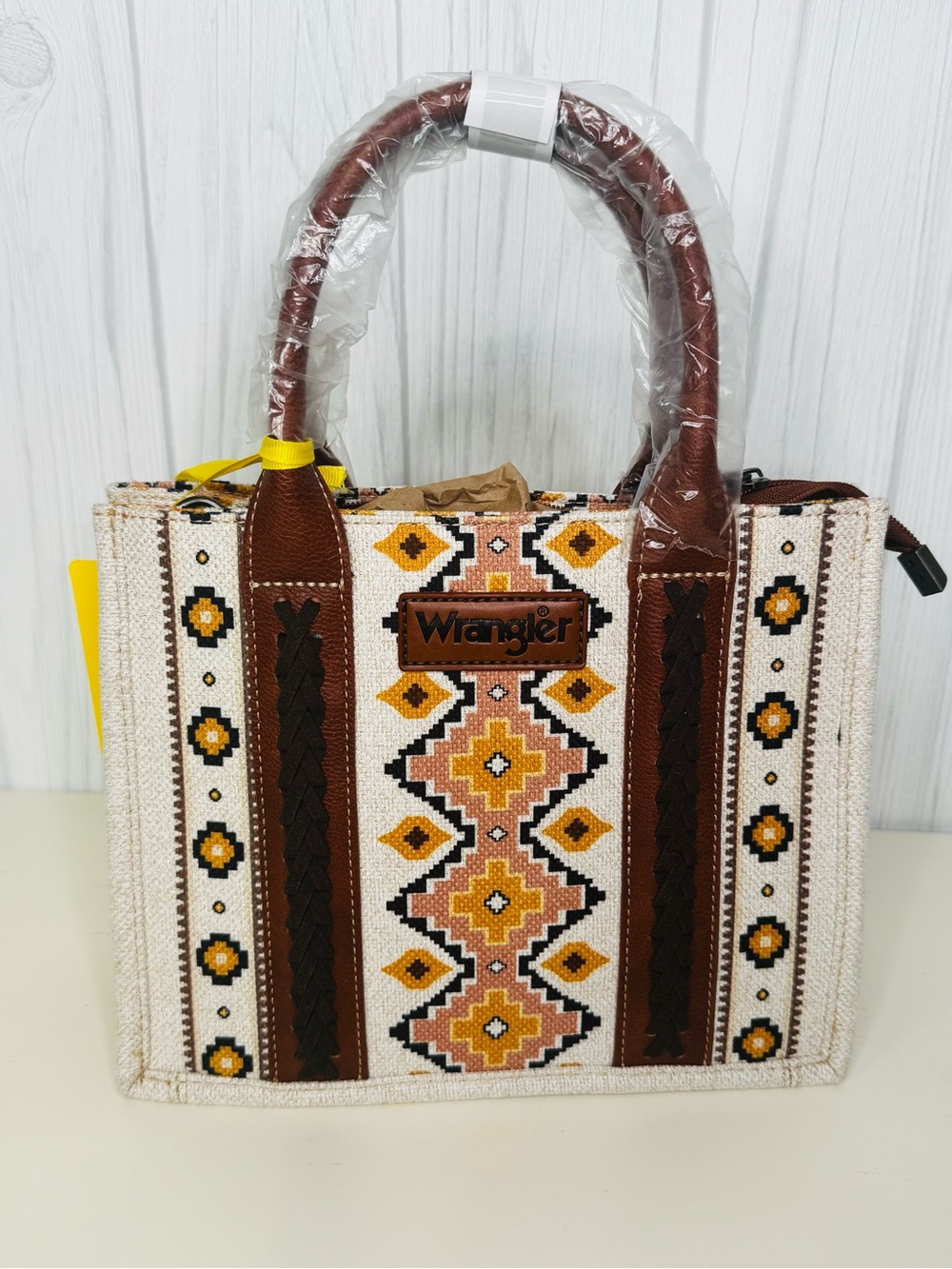 Wrangler Western Cream Crossbody Small Tote with Brown Leather Handles
